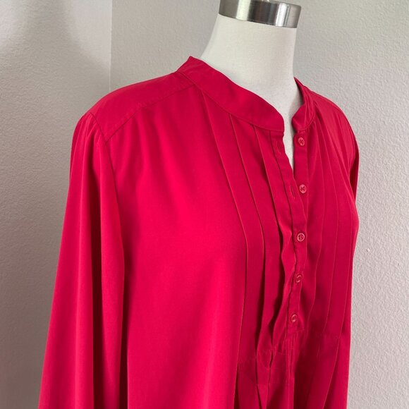 Susan Graver Womens XL Red Long Sleeve Pleated Blouse Button Front Shirt Top - Picture 2 of 9